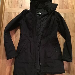 North Face long, black, quilted rain jacket, XS
